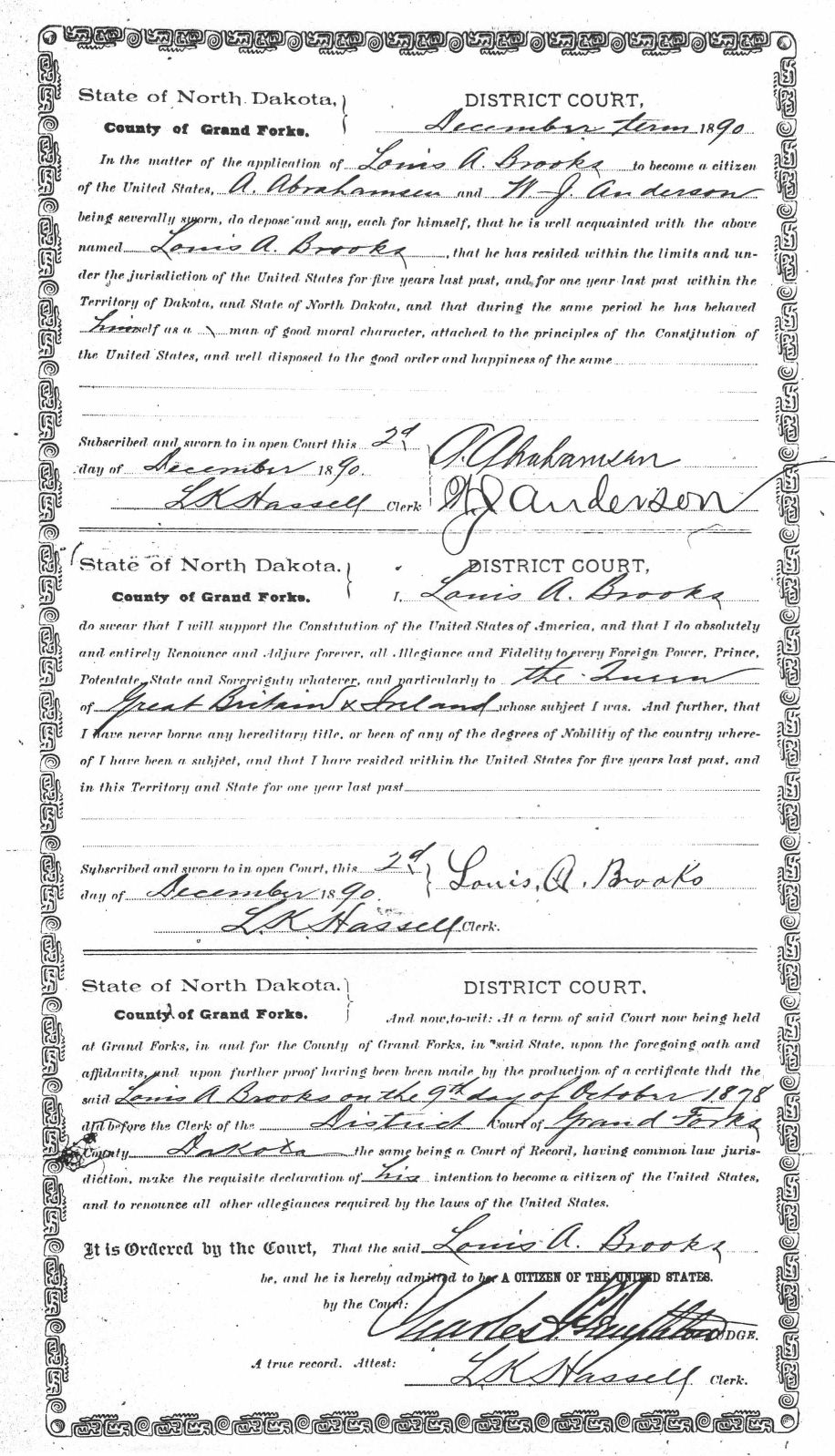  Louis Achille Brooks 2nd and final filing for US Naturalization